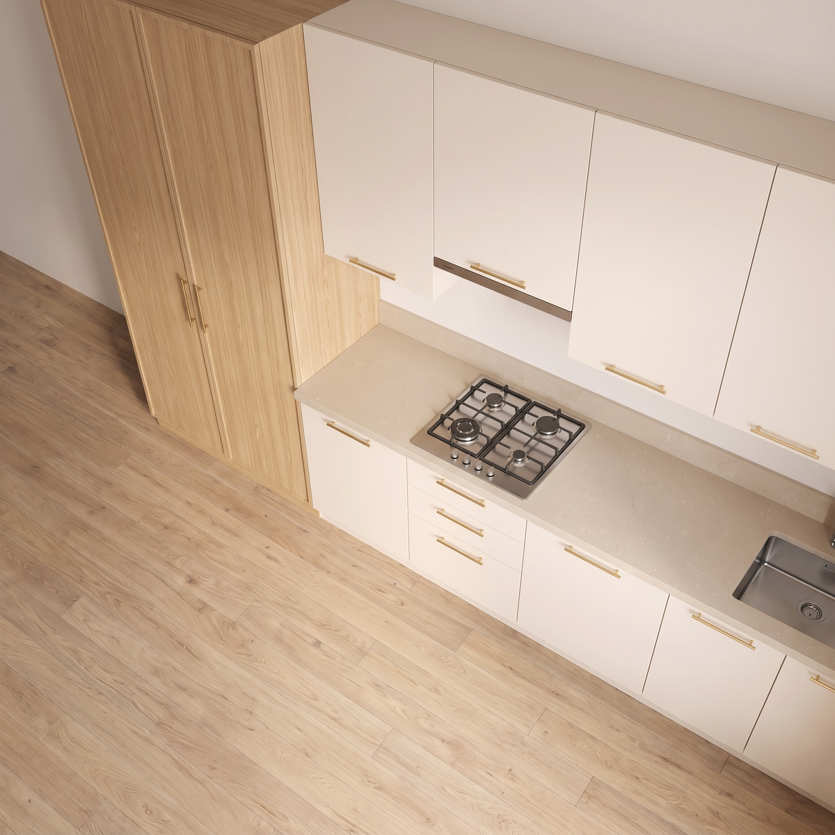 Larder Wall kitchen from above, showing the beige quartz worktop with hob and sink beside the ash larder