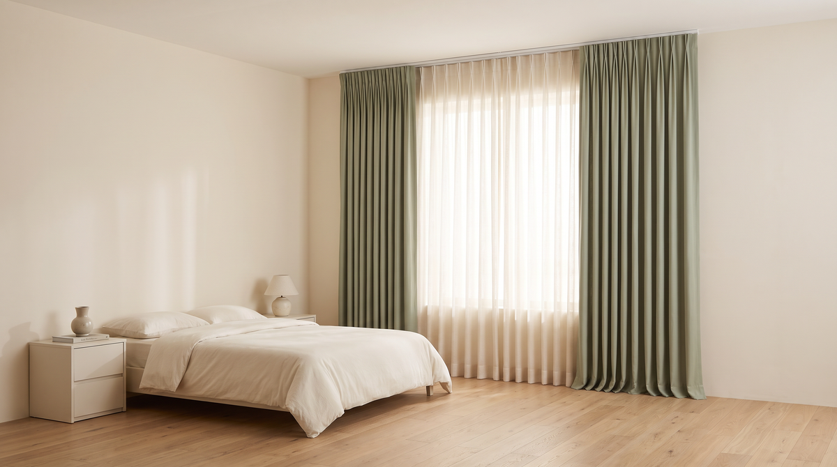 Layer Pair Set sage and ivory layered curtains styled at a window in a calm bedroom