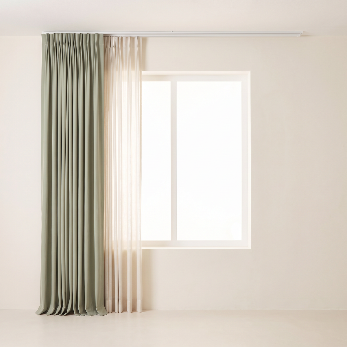 Layer Pair Set sage blackout and ivory sheer curtains stacked open to one side of the window