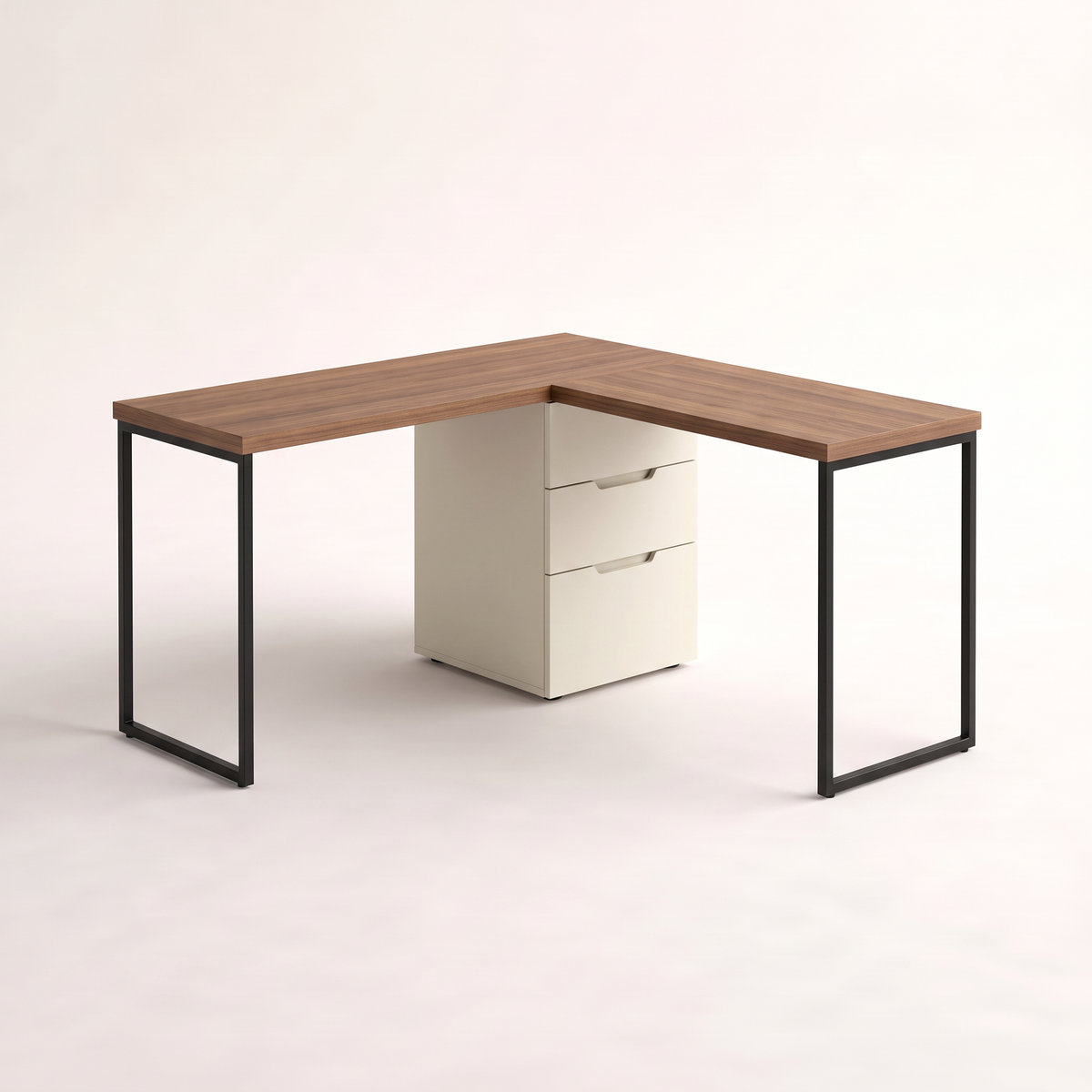 Ledger L-Desk with walnut veneer L-shaped top, ivory three-drawer pedestal and black steel sled frames, front three-quarter view