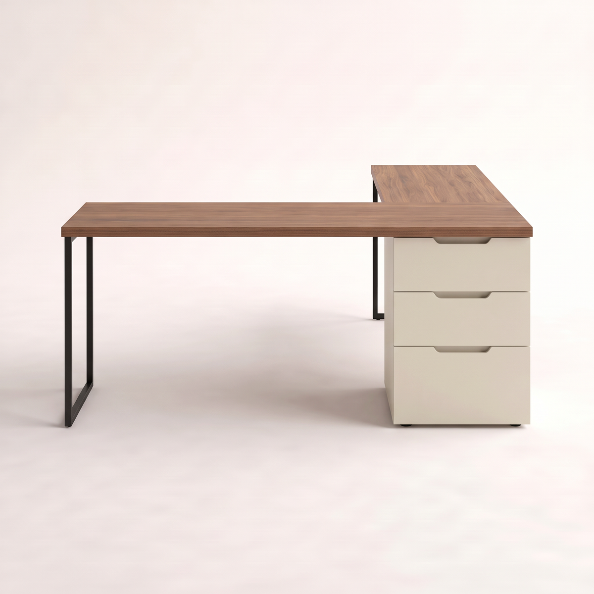 Ledger L-Desk in walnut veneer with ivory drawer pedestal, front view of the main wing