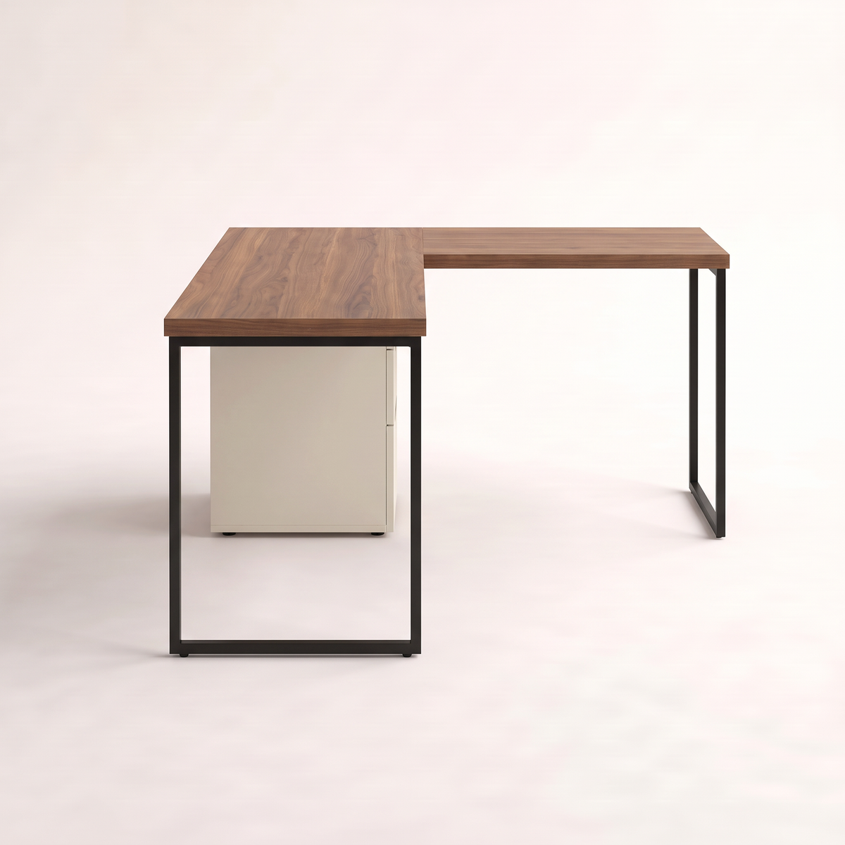 Ledger L-Desk side profile showing the black steel sled frame and walnut top