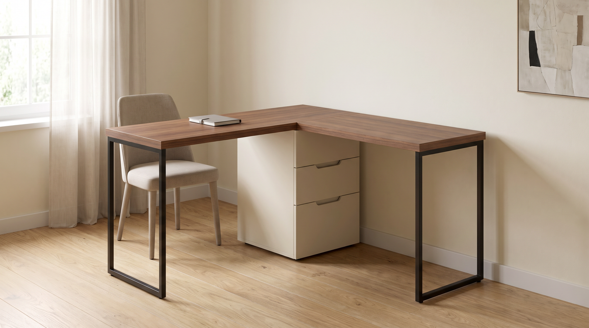Ledger L-Desk styled in the corner of a calm home study