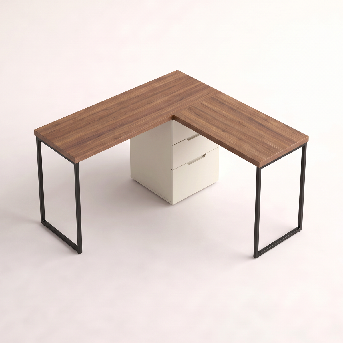 Ledger L-Desk elevated view of the L-shaped walnut veneer top and ivory pedestal