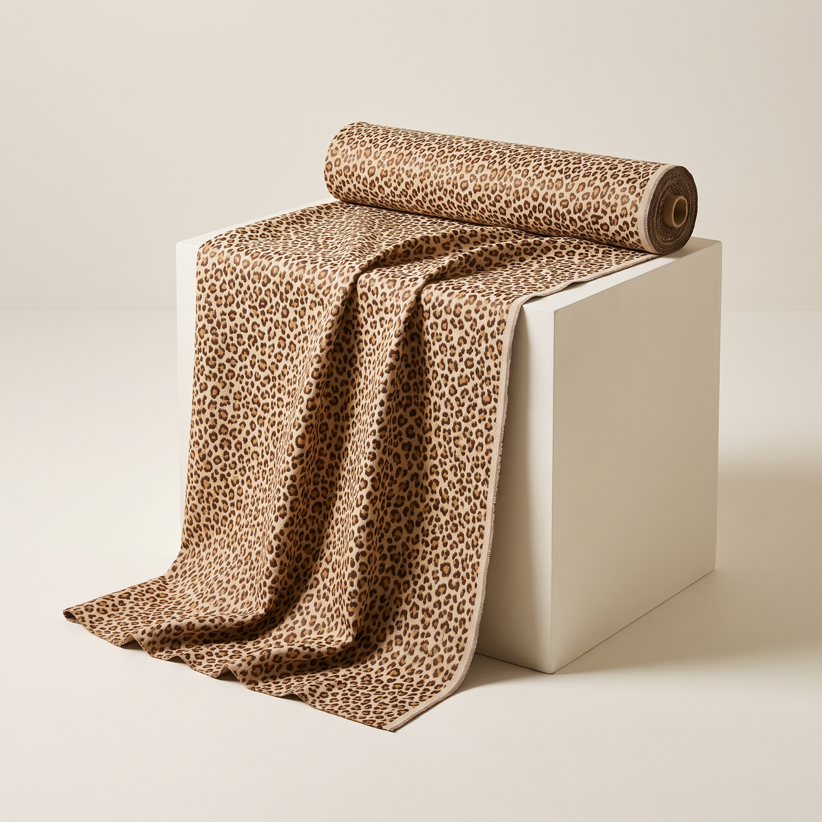 Leopard Jacquard upholstery fabric, caramel and chocolate rosettes on sand, unrolled from a bolt and draped over a studio plinth