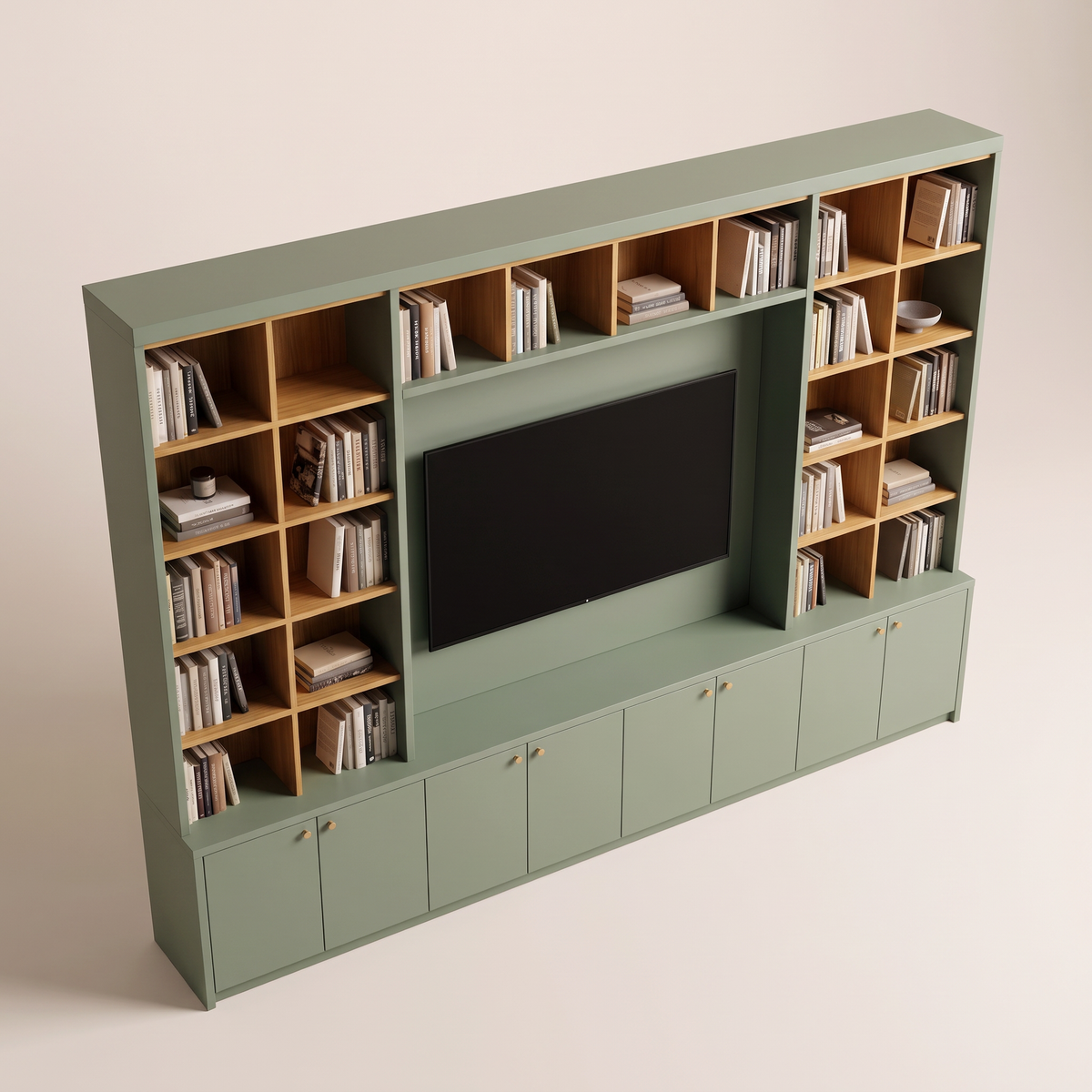 Library Frame sage-green TV wall bookcase with honey ash shelves, elevated front-left view