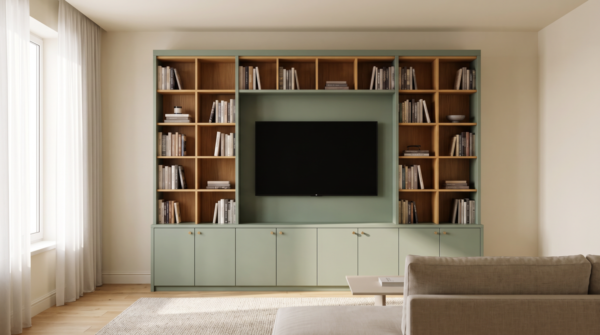 Library Frame TV wall bookcase styled in a calm living room