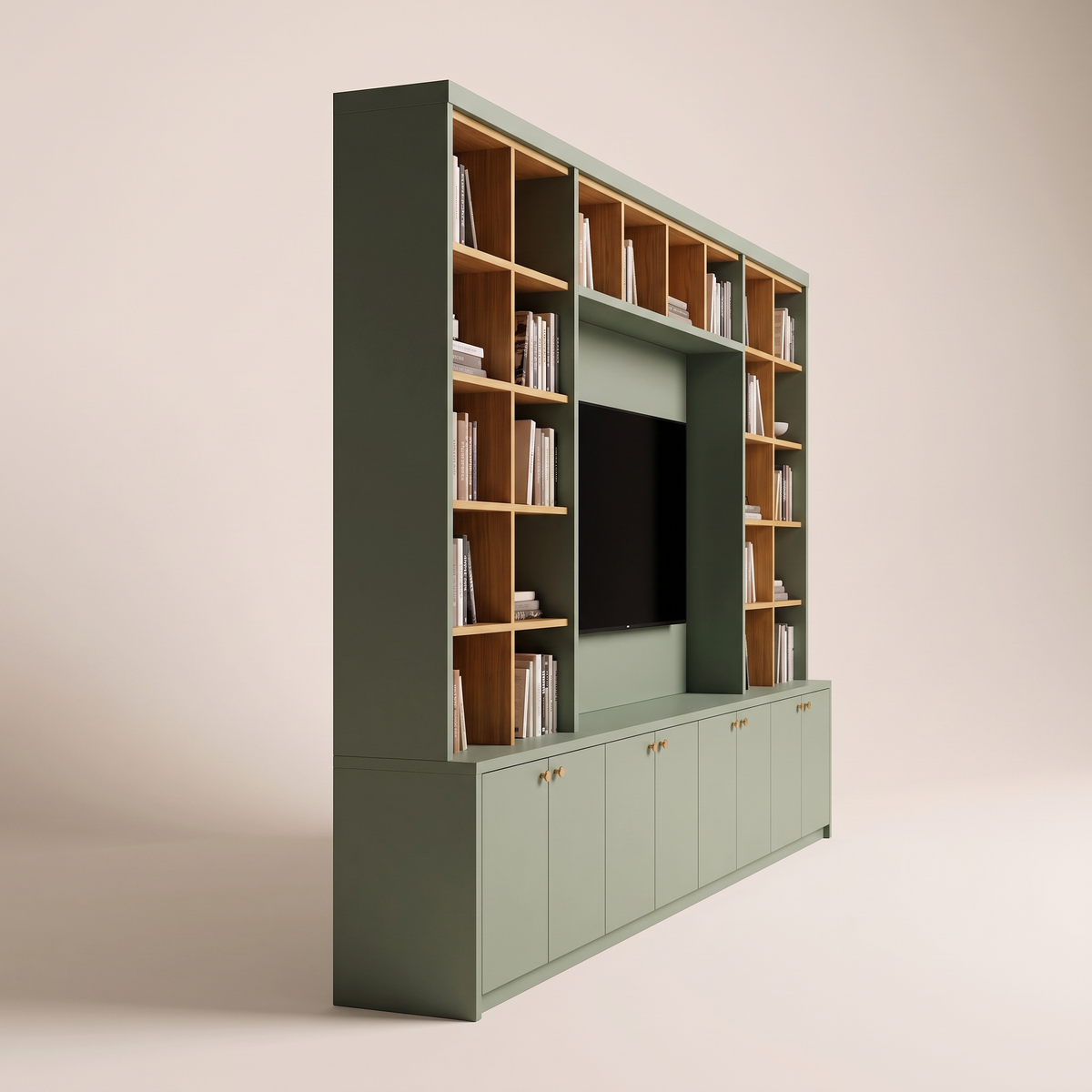 Library Frame sage-green TV wall bookcase seen from the left side