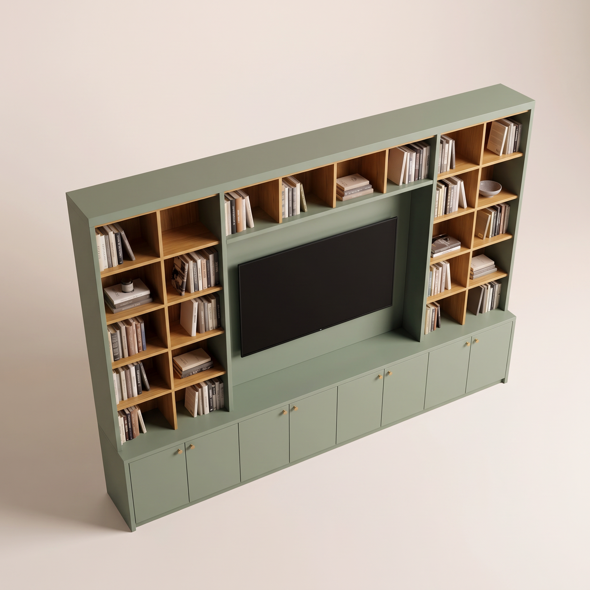 Library Frame sage-green TV wall bookcase, elevated front-right view