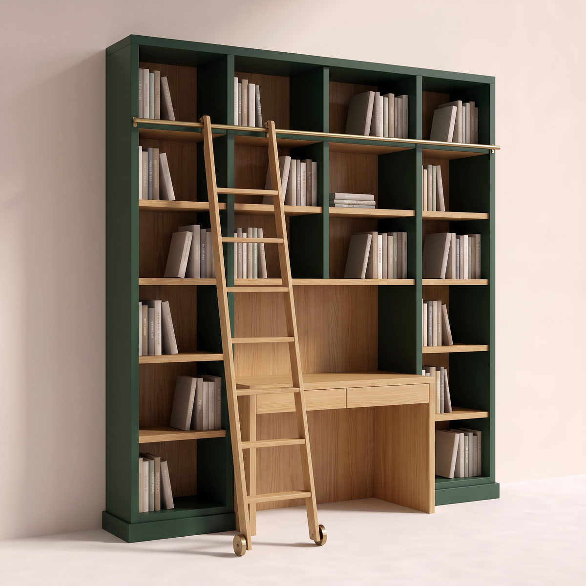 Library Ladder Study floor-to-ceiling forest-green bookcase wall with honey ash shelves, central ash desk and ash ladder on a brass rail, front three-quarter view