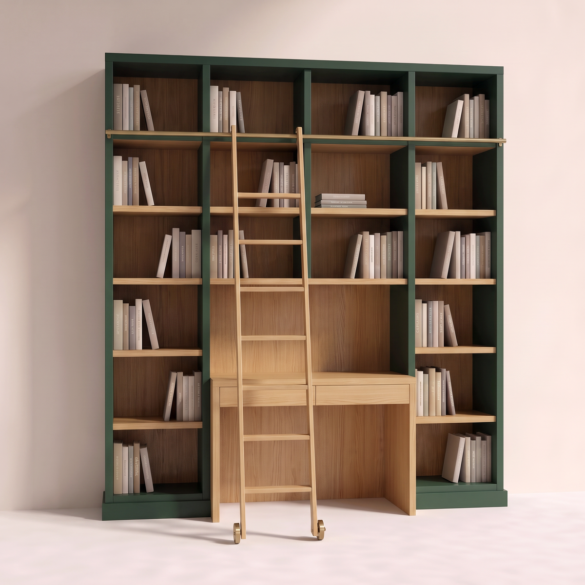 Library Ladder Study forest-green bookcase wall with ash shelves, desk and brass-rail ladder, straight front view