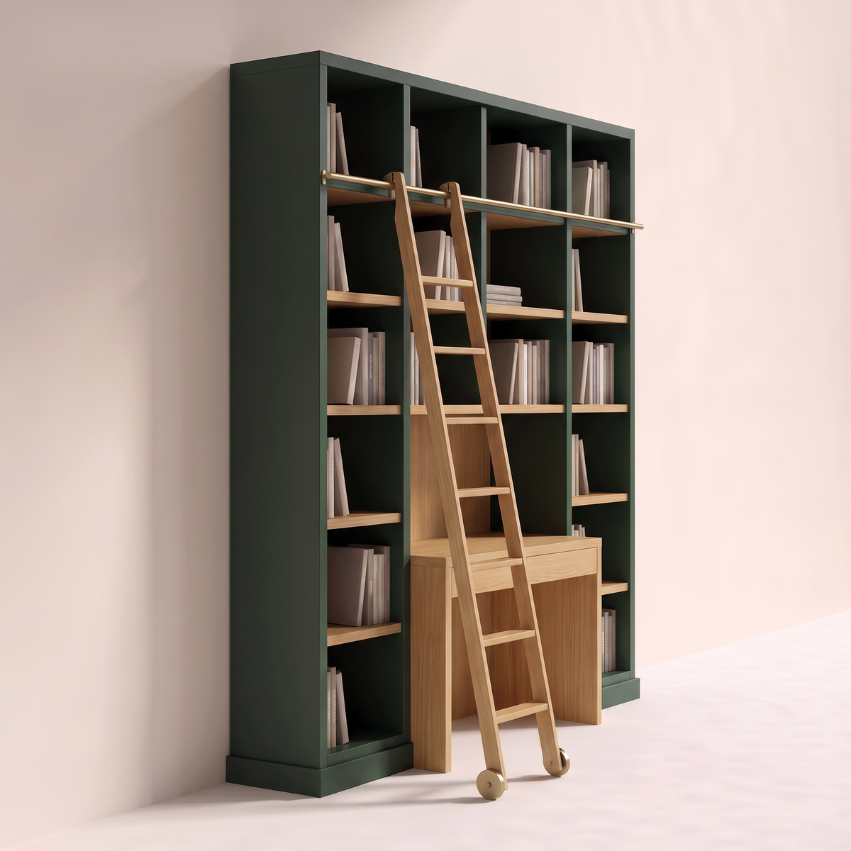 Library Ladder Study green bookcase wall and leaning ash ladder, left side view