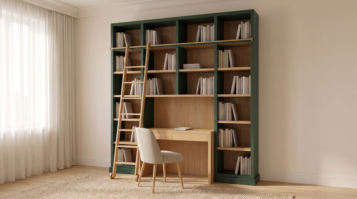 Library Ladder Study bookcase wall with desk styled in a calm home study