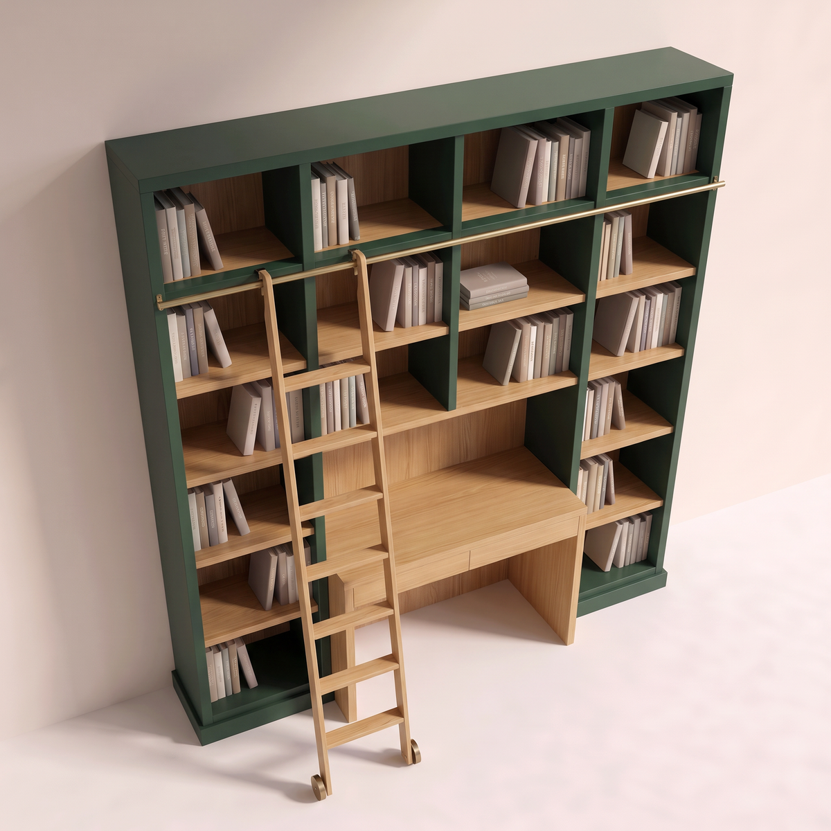 Library Ladder Study green bookcase with brass rail, ladder and ash desk top, elevated view