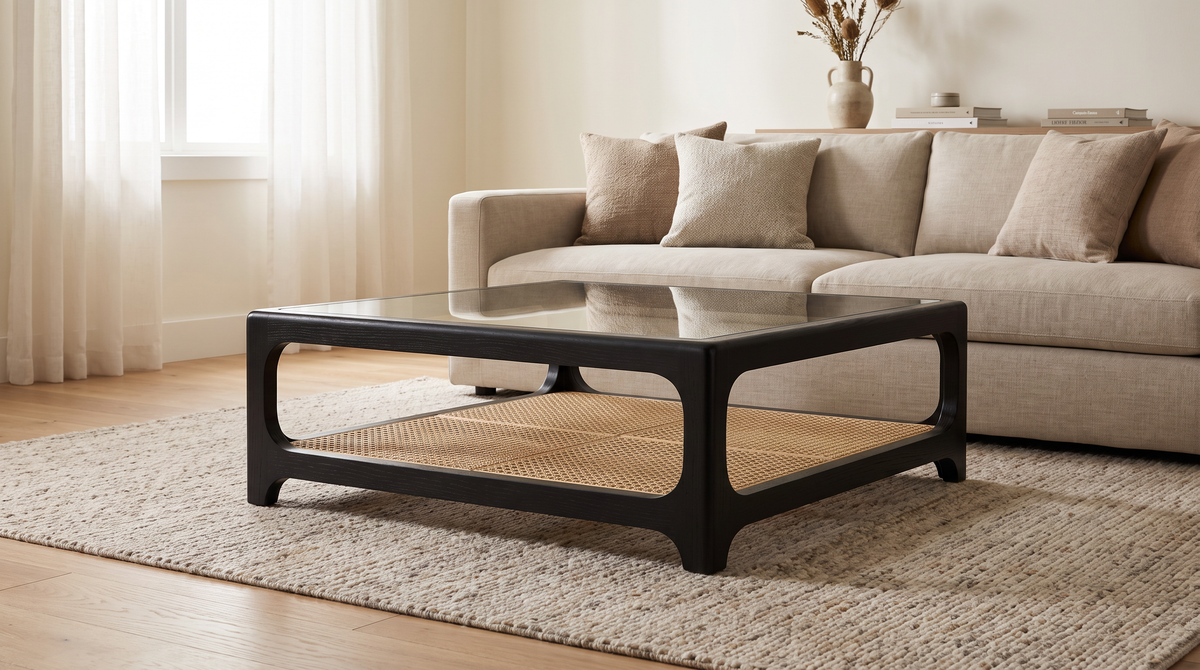 Linea Cane Black coffee table styled in a calm living room