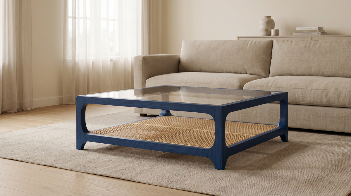 Linea Cane Blue coffee table styled in a calm living room