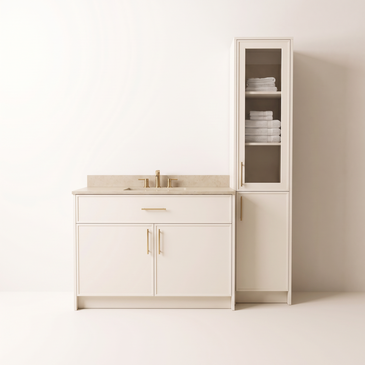 Linen Tower Vanity in ivory with matching tall glass-door tower, straight front view
