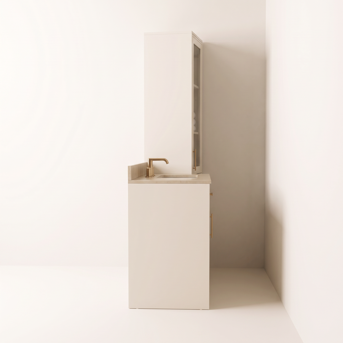 Linen Tower Vanity side profile showing the vanity depth and the tall tower behind