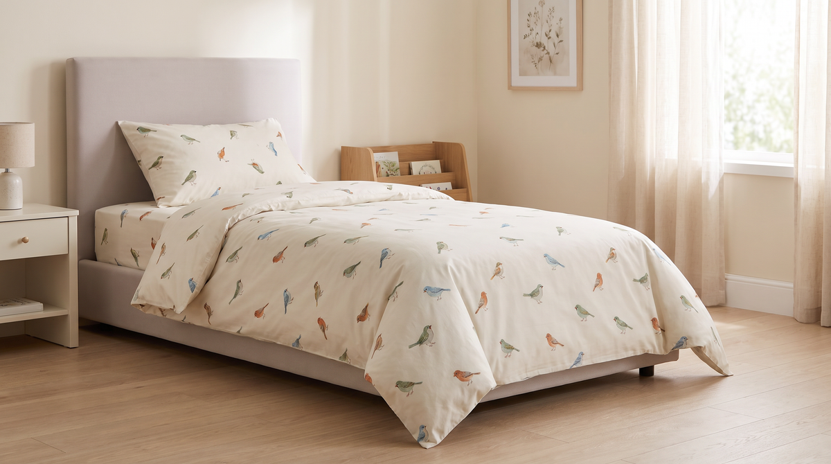 Little Flock Kids Set styled on a single bed in a calm children's room