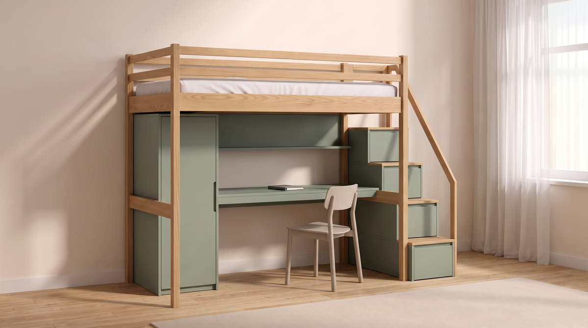 Loft Bunk Study loft bed with desk styled in a calm children's room