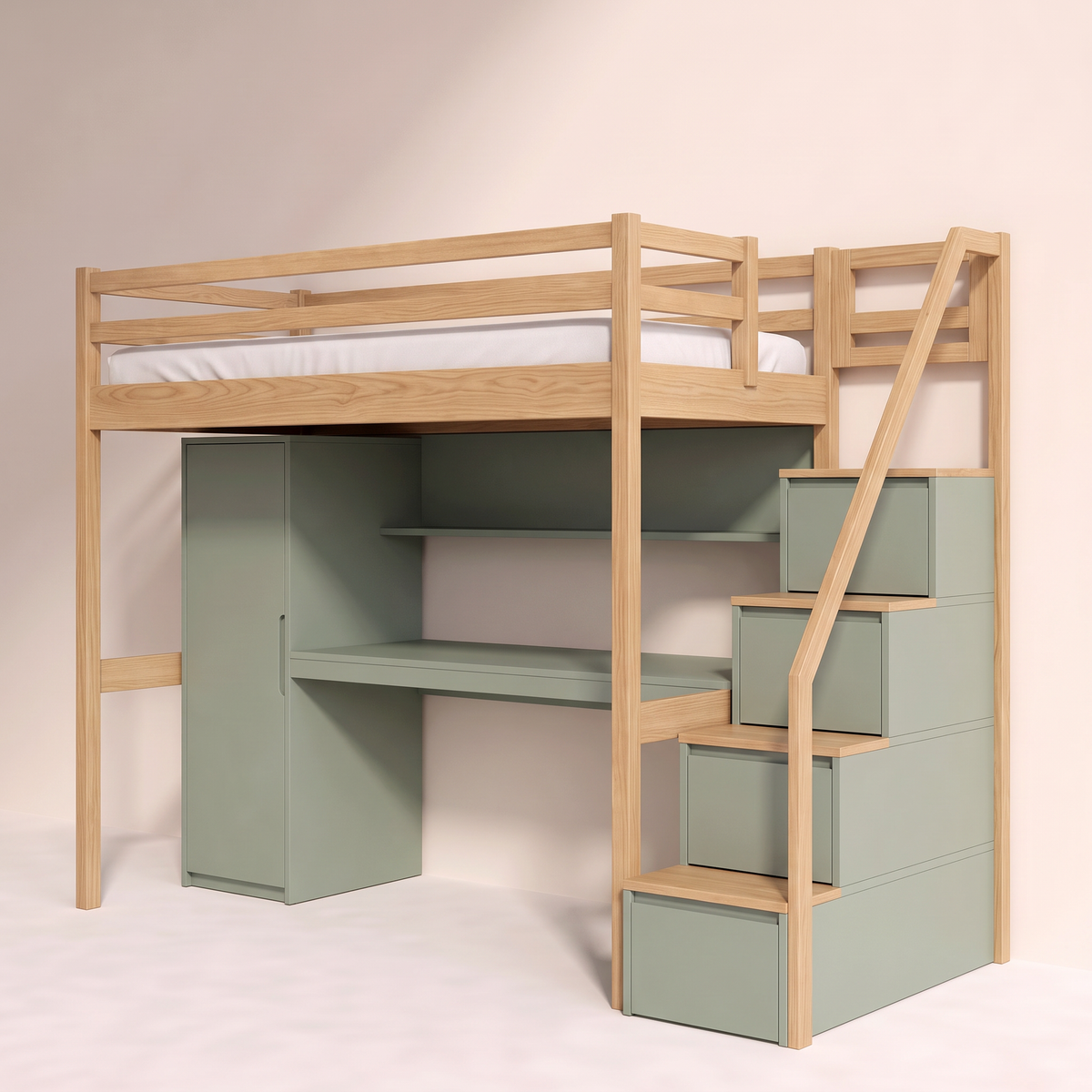 Loft Bunk Study with sage drawer staircase and ash treads in the foreground, front-right three-quarter view