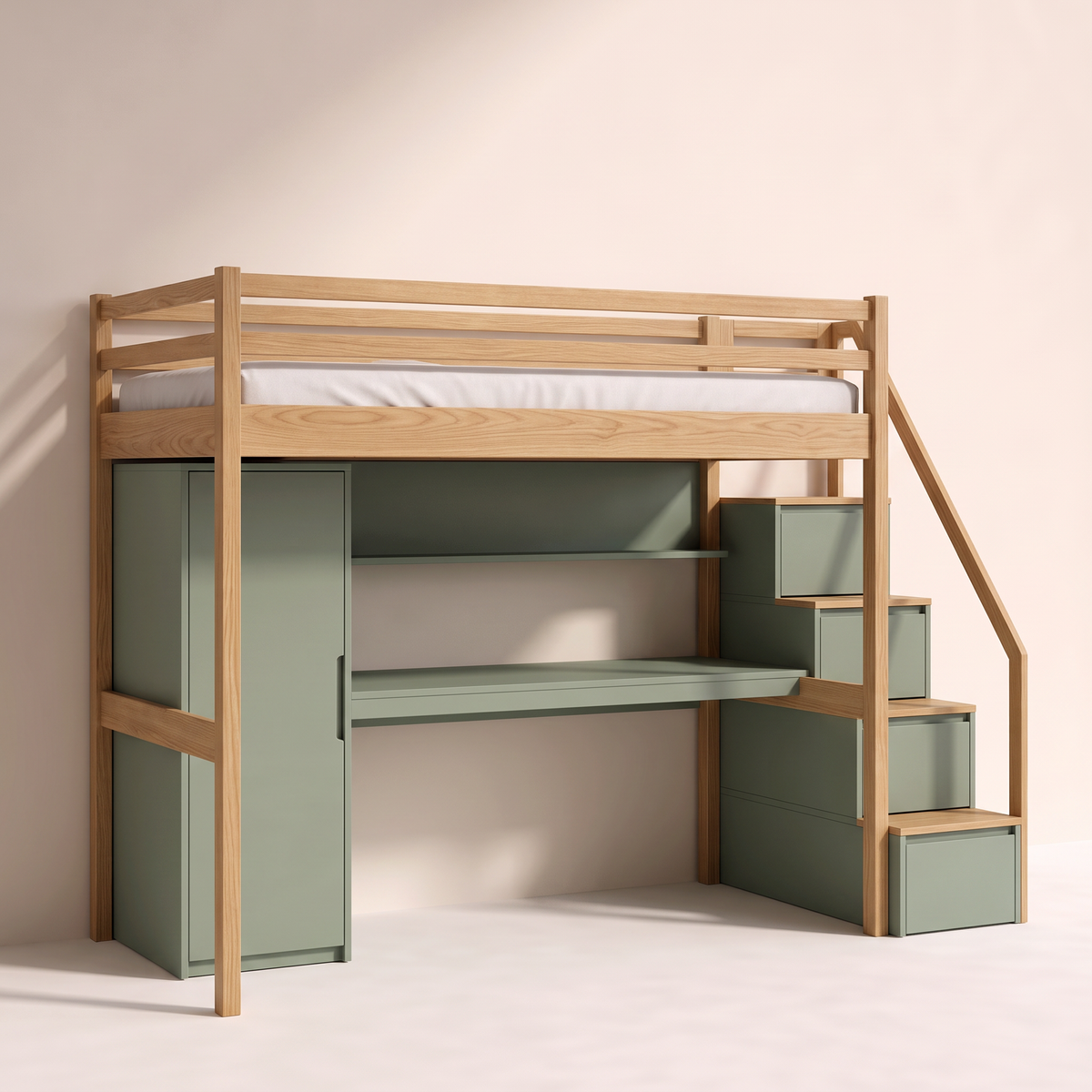 Loft Bunk Study child's loft bed with solid ash frame and guard rail over a sage-green wardrobe, desk and drawer staircase, front three-quarter view