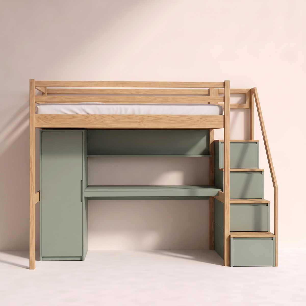 Loft Bunk Study ash loft bed with sage wardrobe, desk, shelf and storage-step staircase, straight front view