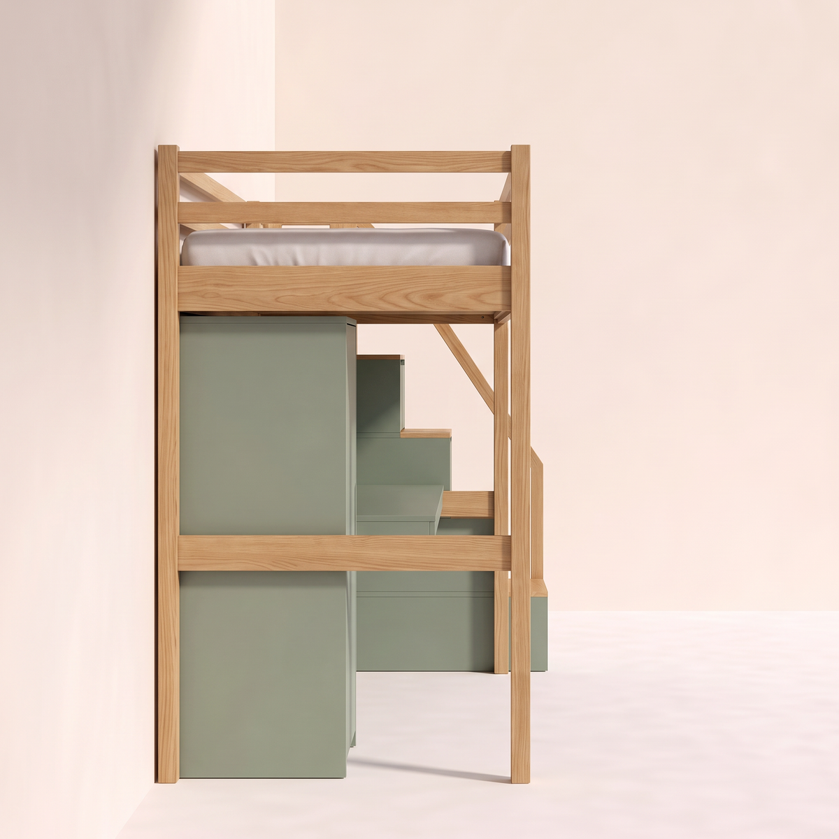 Loft Bunk Study ash loft bed end with guard rail and sage wardrobe below, side profile