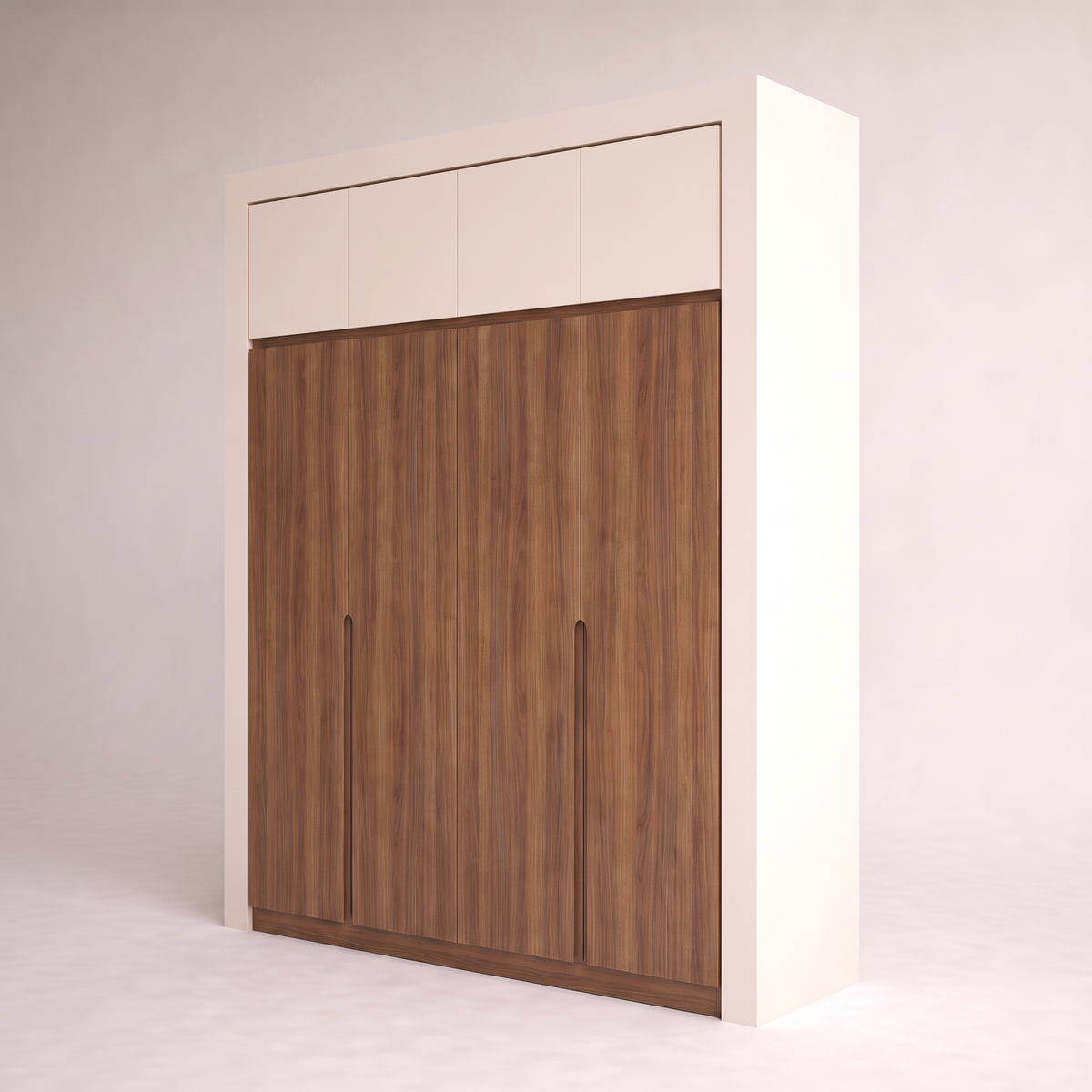 Loftline Wardrobe in walnut veneer and ivory laminate, front-right three-quarter view