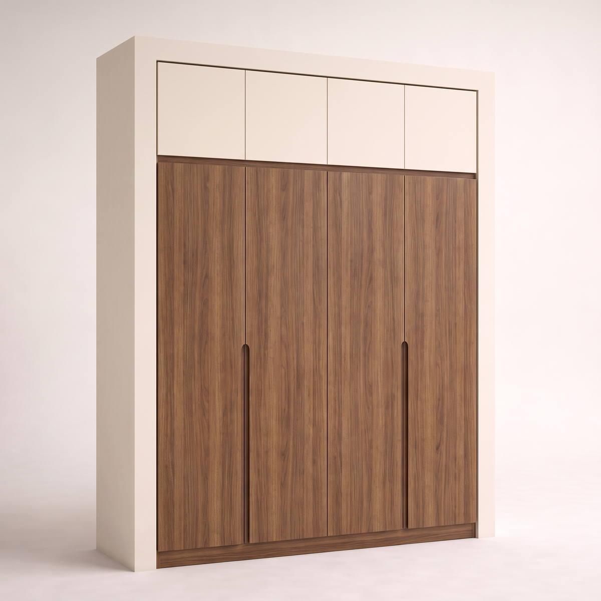 Loftline Wardrobe with walnut-veneer doors, recessed grip grooves and ivory loft doors above, front three-quarter view