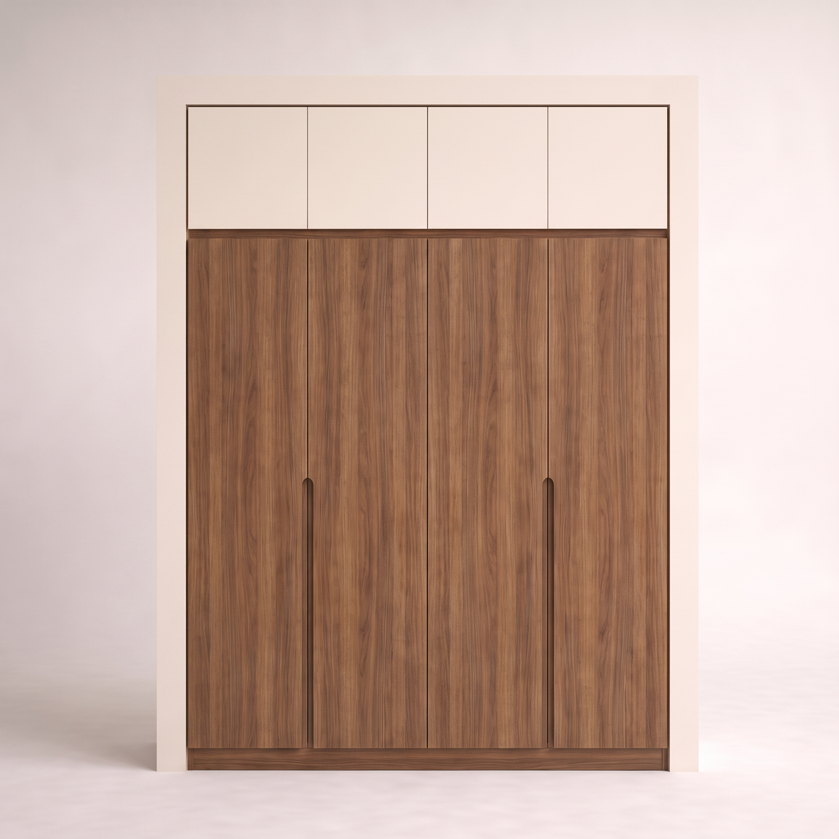 Loftline Wardrobe with four walnut doors and four ivory loft doors, straight front view