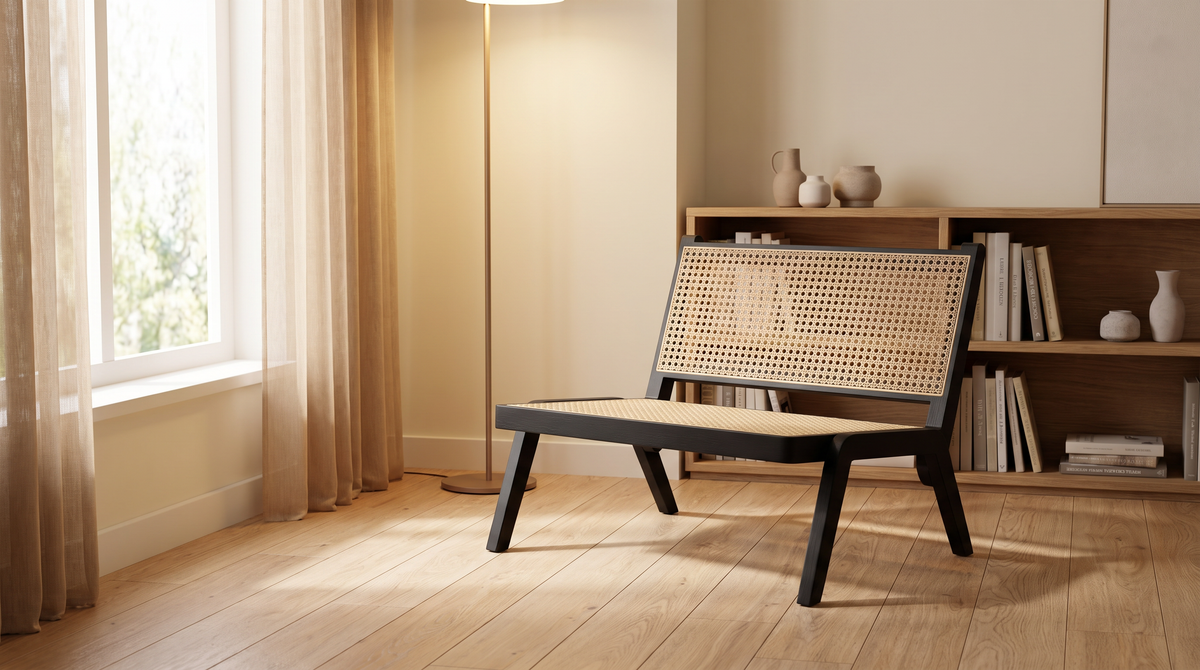 Loom Black lounge chair styled in a calm reading corner by a window
