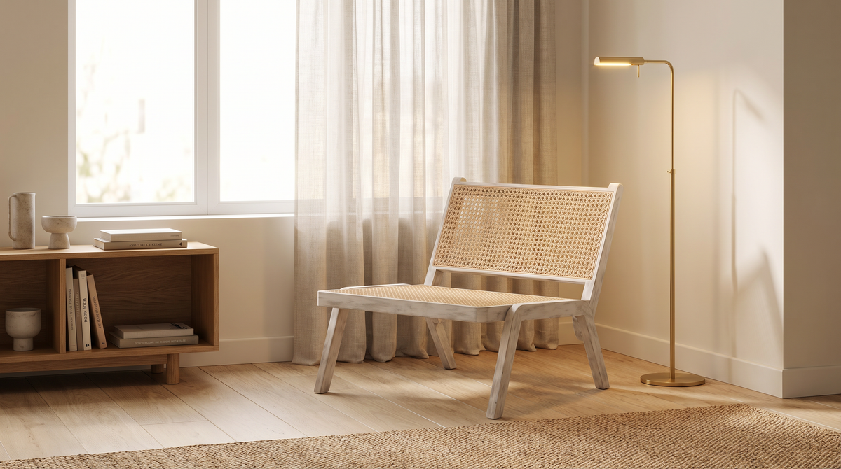Loom White lounge chair styled in a calm reading corner by a window