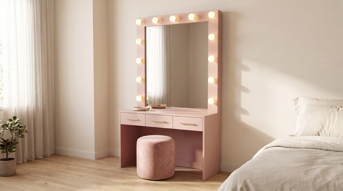 Marquee Dressing Unit in blush pink with lit bulb mirror styled in a calm bedroom
