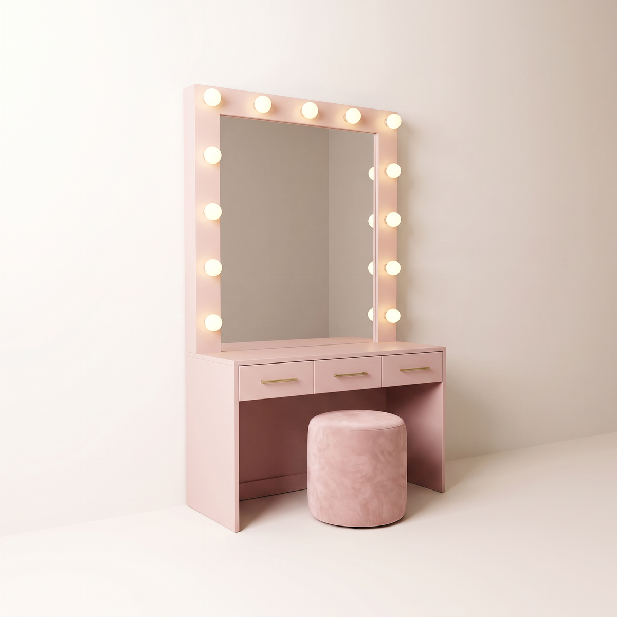 Marquee Dressing Unit in blush pink with bulb-framed mirror and stool, front-left three-quarter view
