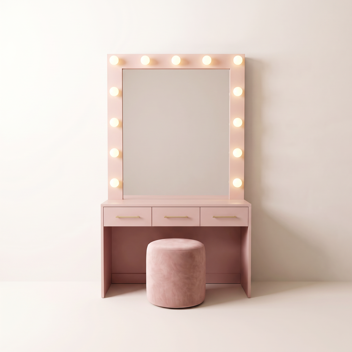 Marquee Dressing Unit in blush pink with bulb-framed mirror and velvet stool, straight front view