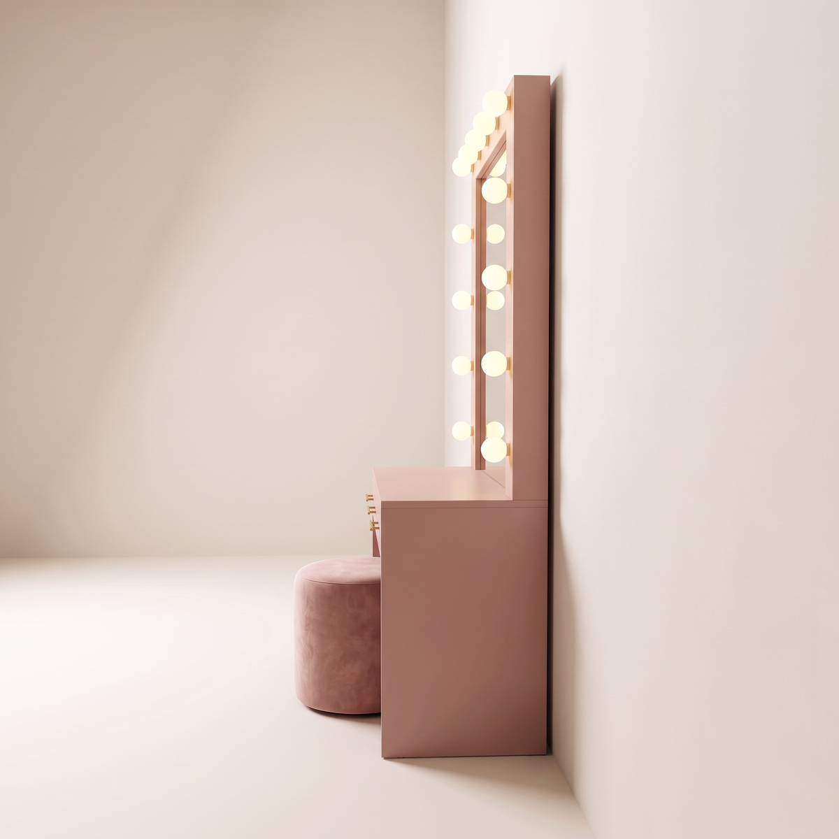 Marquee Dressing Unit side profile showing counter depth, mirror frame and globe bulbs