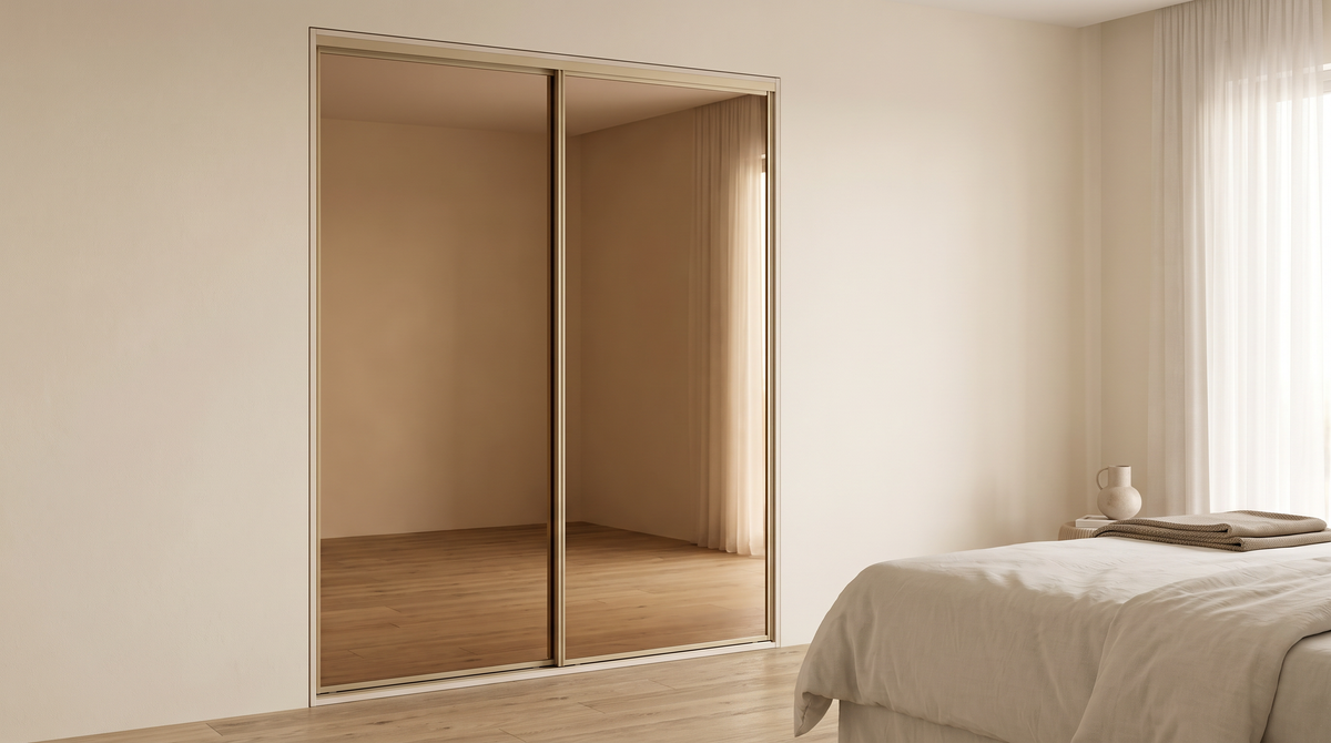 Mirage Mirror Wardrobe built into the wall of a calm bedroom