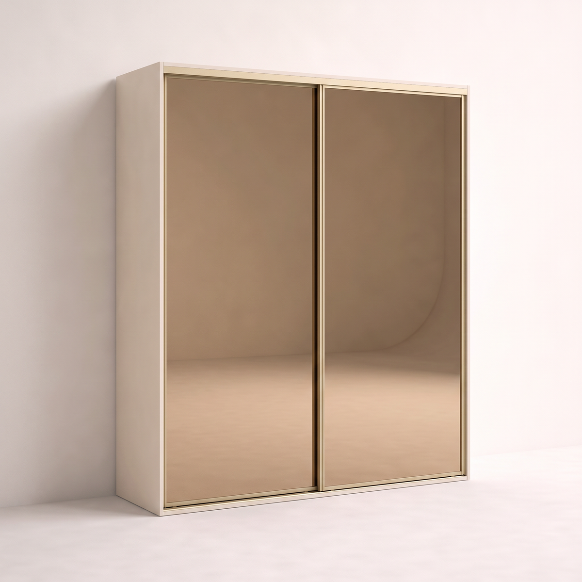 Mirage Mirror Wardrobe with two bronze-tinted mirror sliding doors in champagne-gold aluminium frames, front three-quarter view