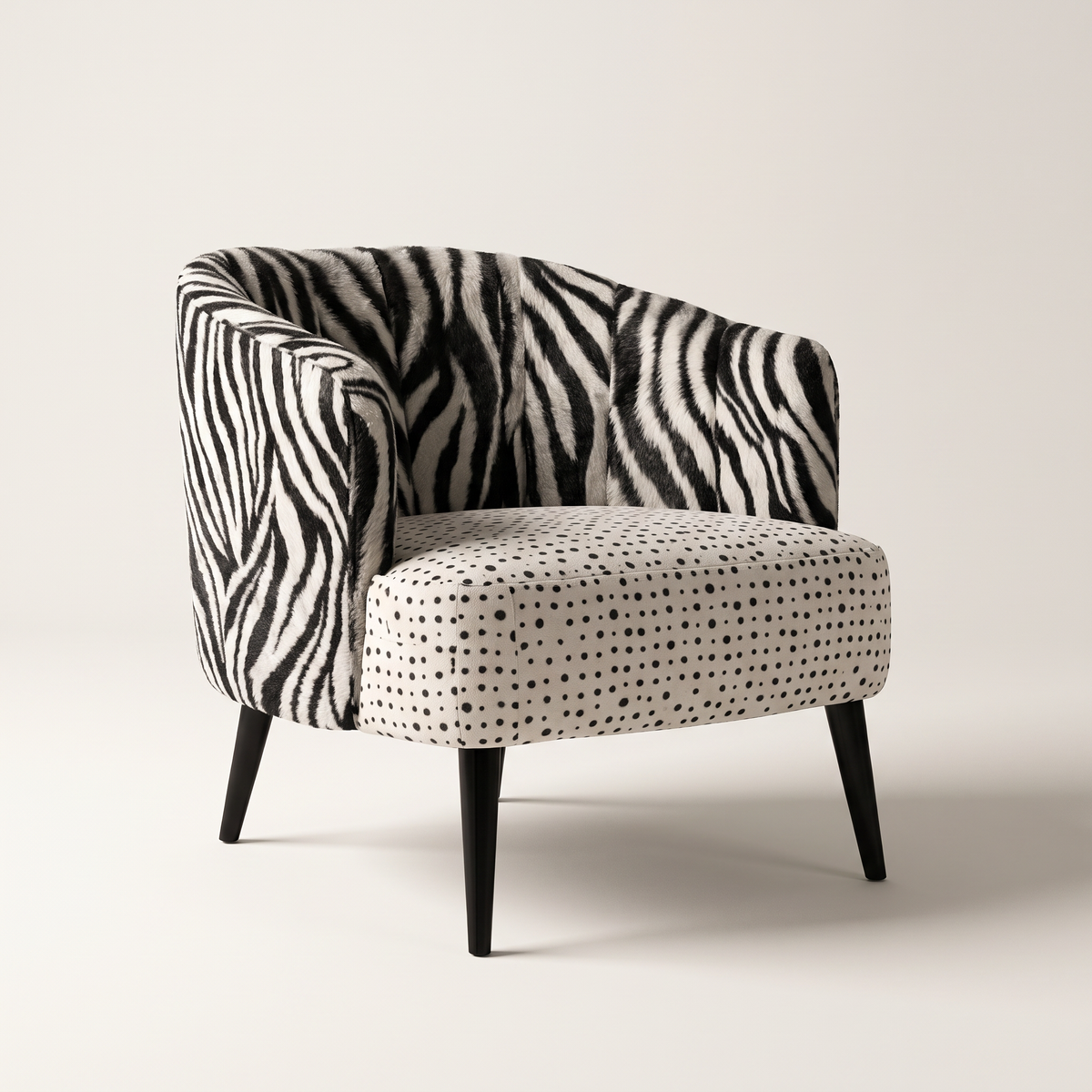 Mono Dot lounge chair in zebra-print shell with polka-dot seat and black tapered legs, front three-quarter view