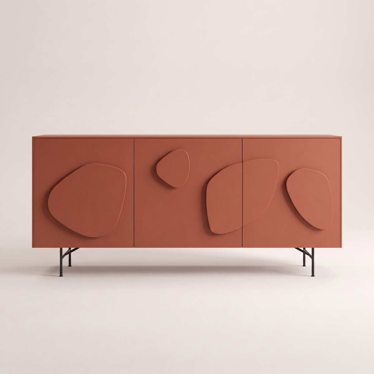 Mora Red storage cabinet in matte terracotta red with raised pebble relief doors and black metal legs, front view