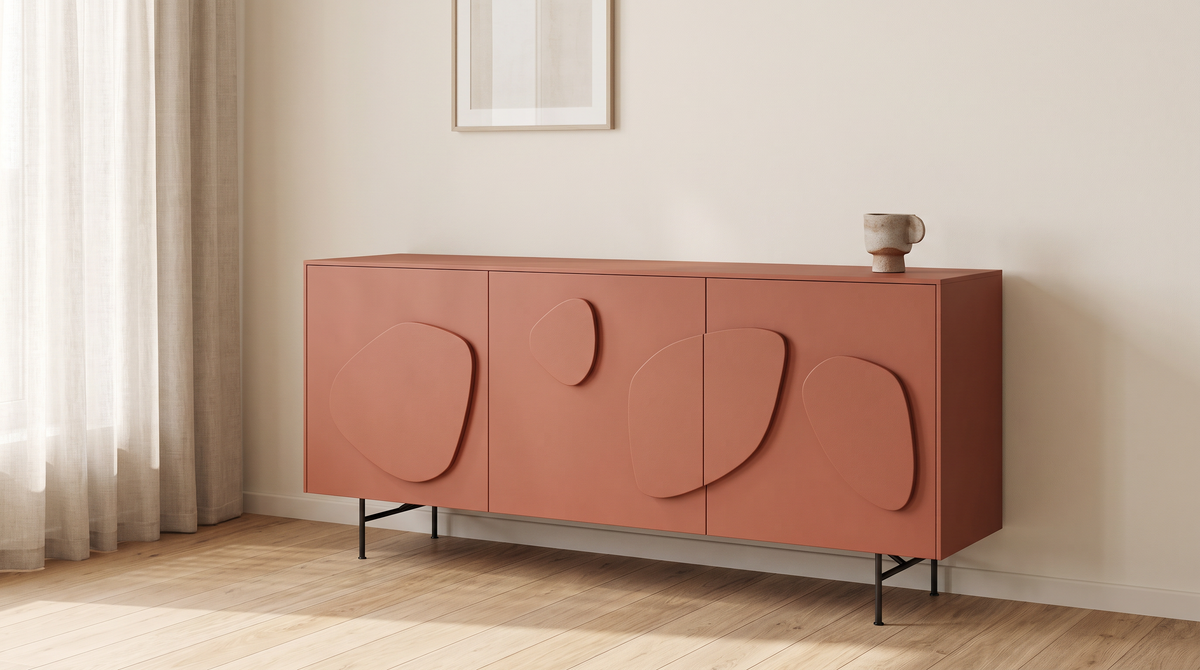Mora Red storage cabinet styled in a calm living room