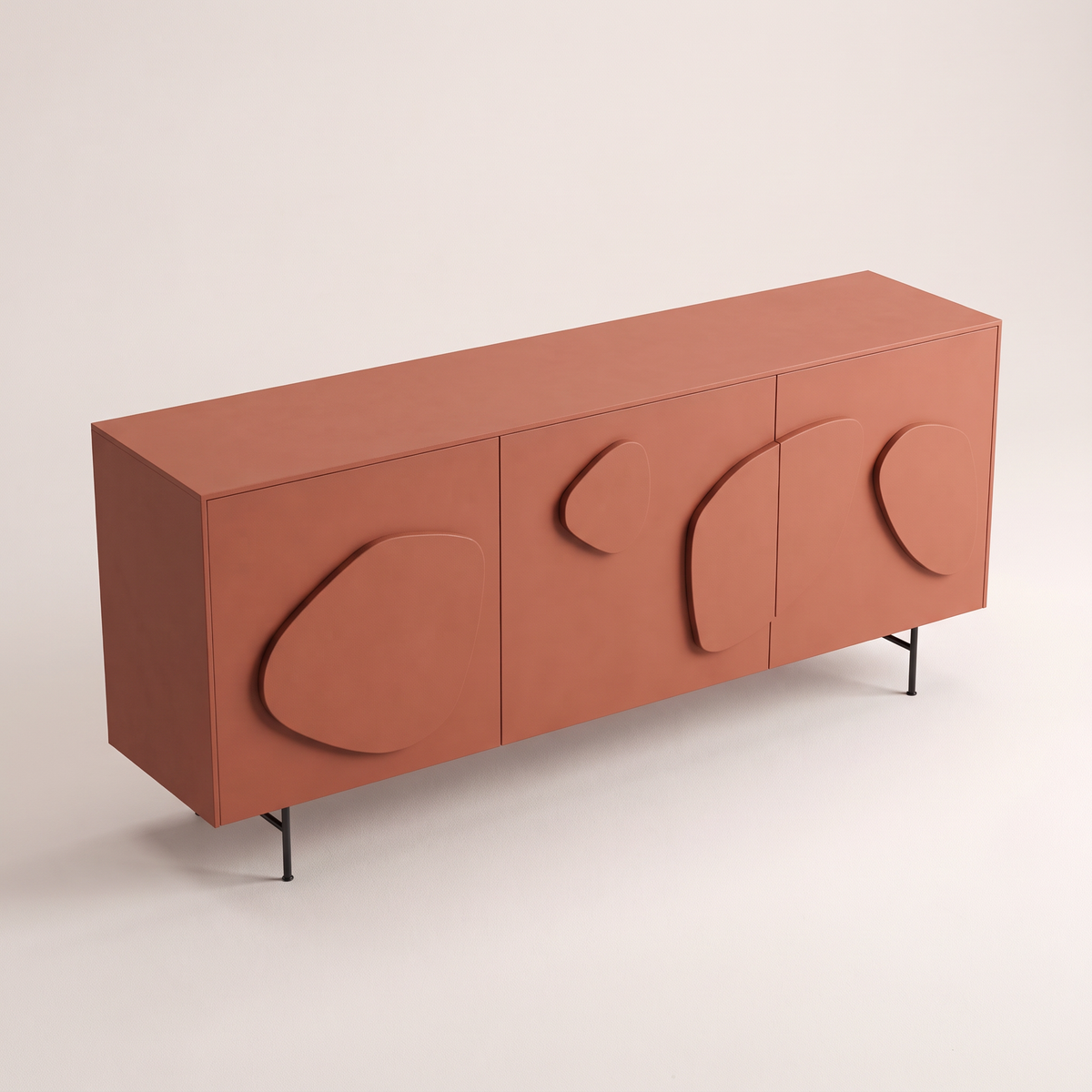 Mora Red storage cabinet in matte terracotta red with raised pebble relief doors, elevated three-quarter view showing the top