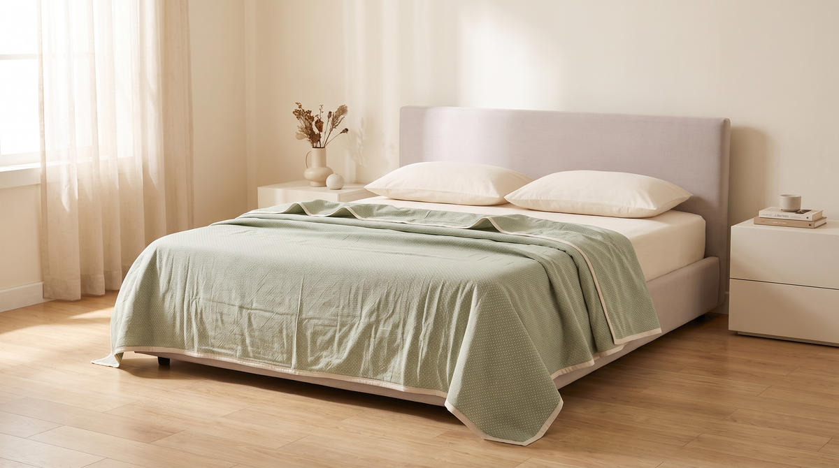 Mulmul Dohar in sage styled on a bed in a calm bedroom