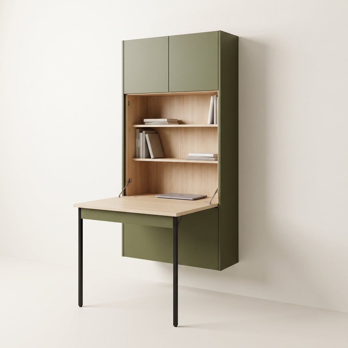 Murphy Desk Wall slim wall-hung olive laminate cabinet shown open, fold-down light ash desk on slim black steel legs and ash-lined shelves, front three-quarter view
