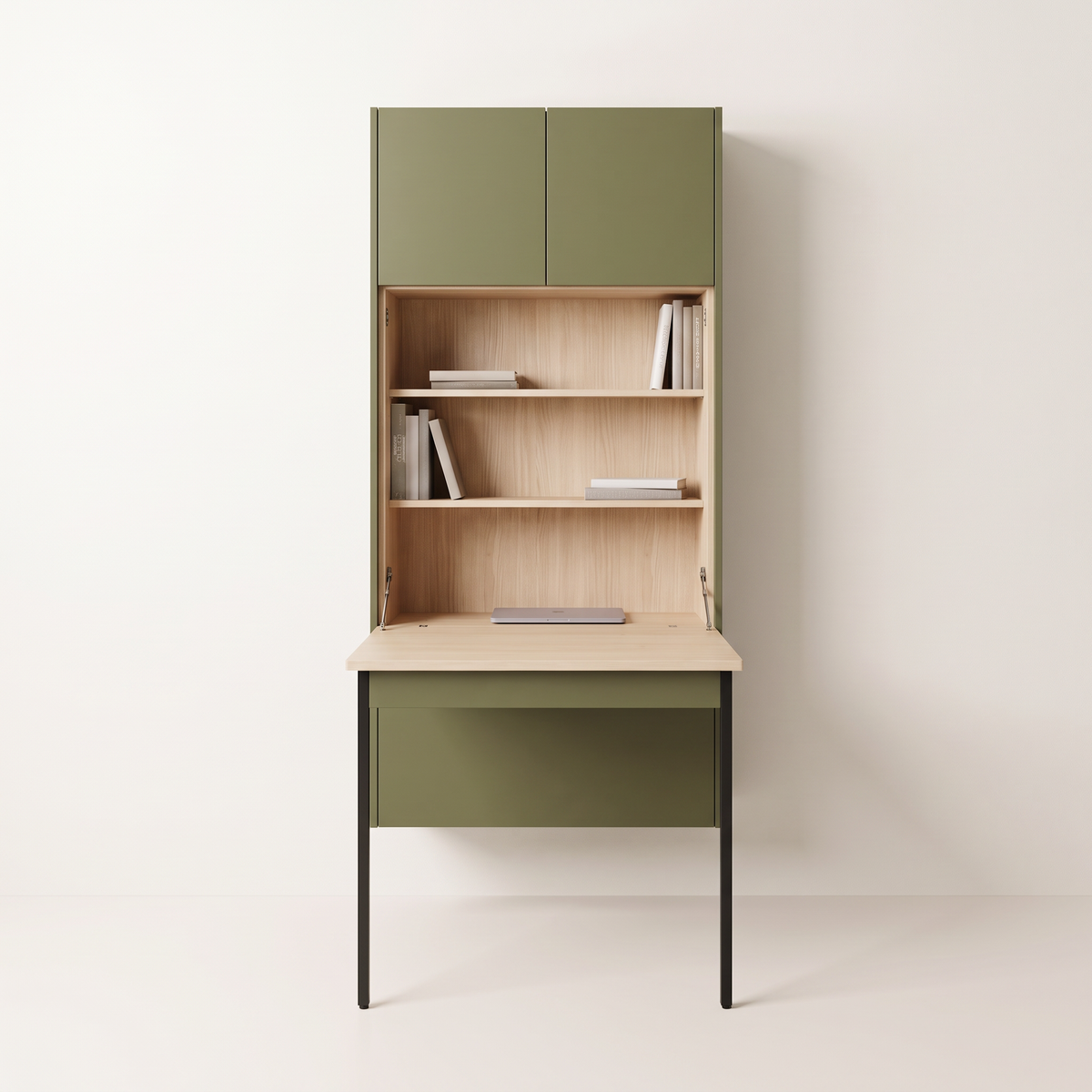 Murphy Desk Wall olive cabinet with fold-down desk open and ash interior shelves, straight front view