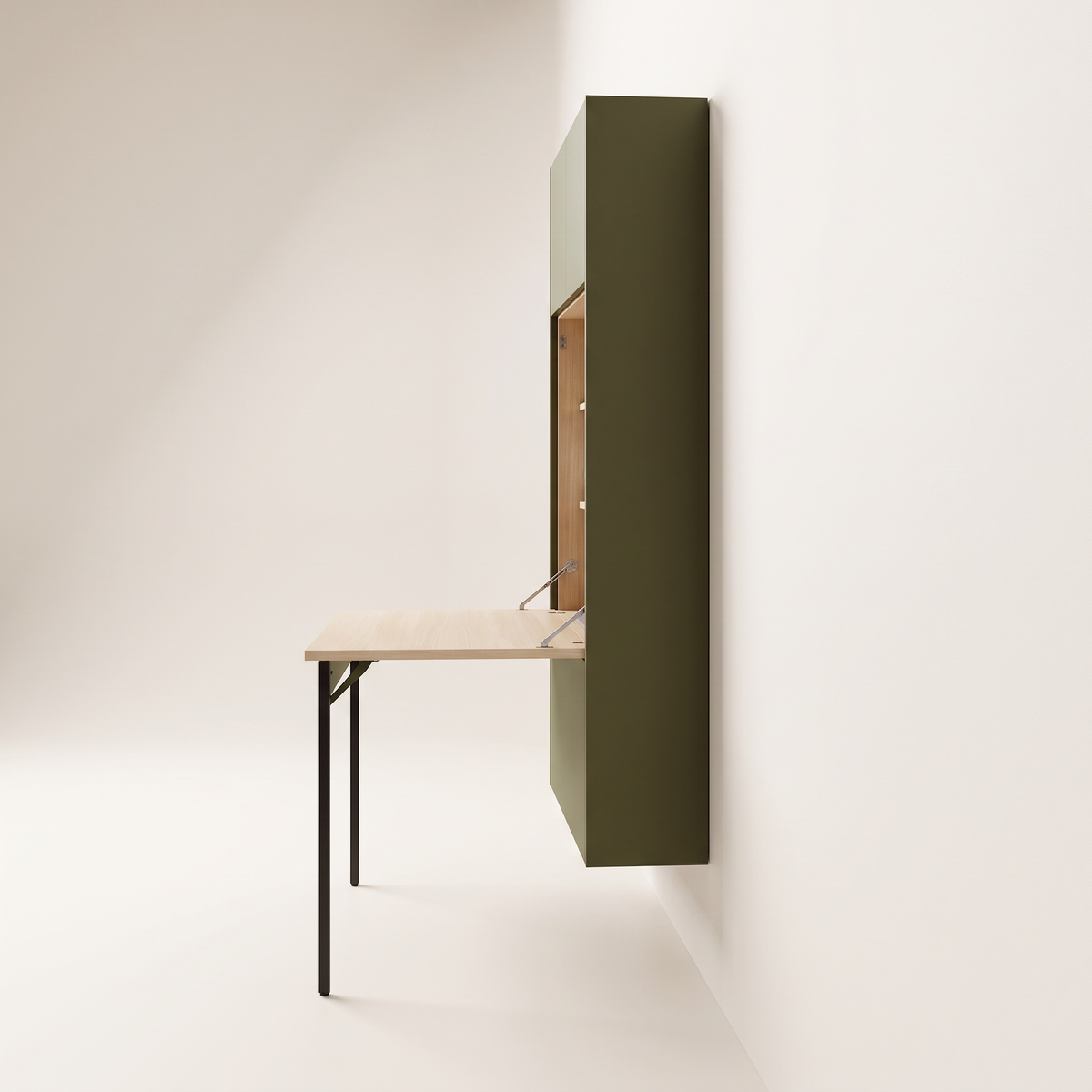 Murphy Desk Wall side profile showing the slim 12-inch cabinet and fold-down desk on a black steel leg