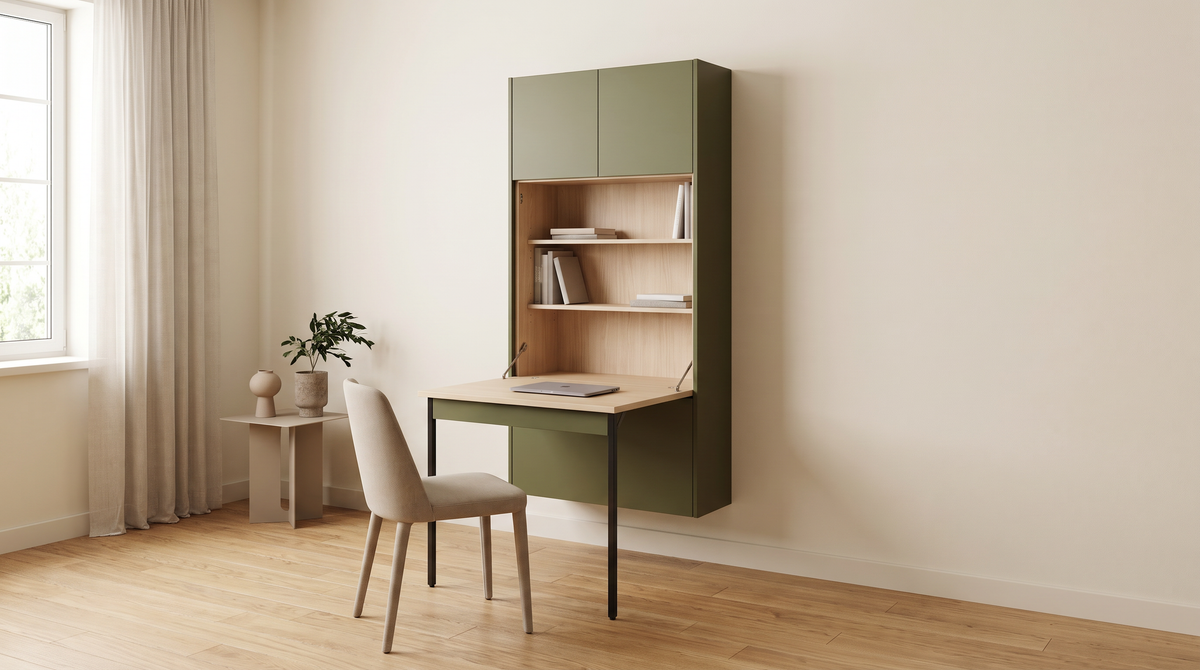 Murphy Desk Wall fold-out olive study cabinet styled in a calm home study with a neutral chair