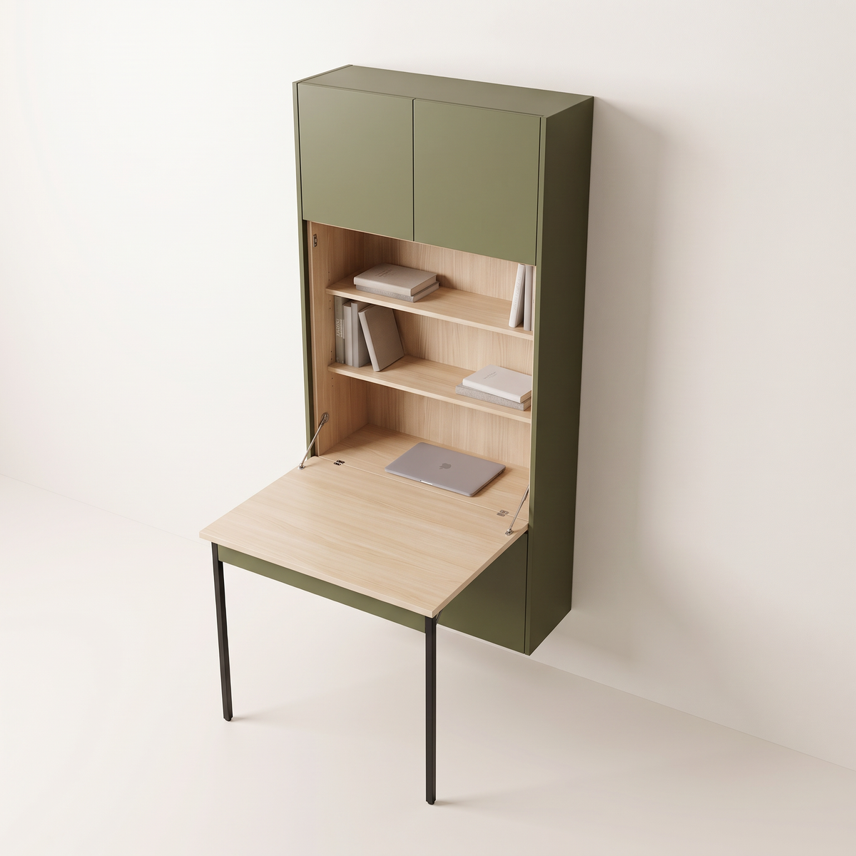 Murphy Desk Wall olive cabinet with open ash desk surface, elevated three-quarter view