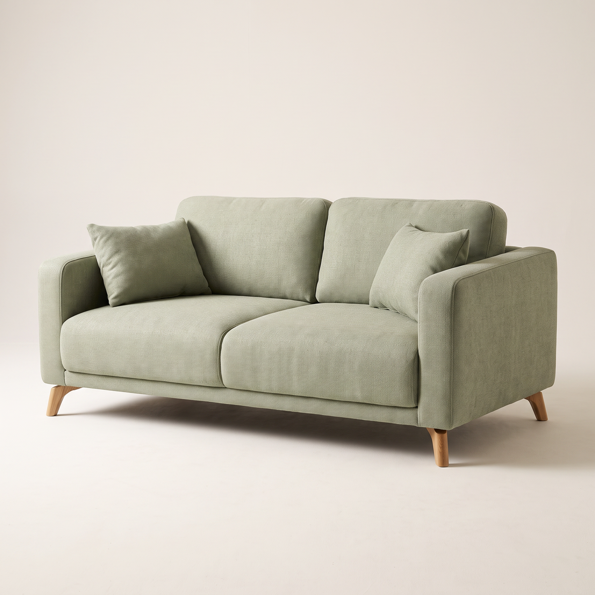 Nest Sage sofa in sage green upholstery with angled wooden legs, front three-quarter view